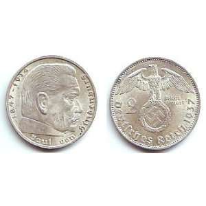 Nazi Silver    1937 A German 2 Marks    Third Reich Swaztika Coin 