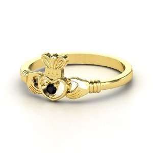  Delicate Claddagh Ring, 14K Yellow Gold Ring with Black 