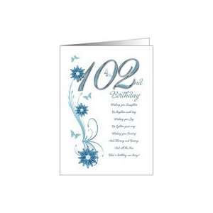  102nd birthday card in teal with flowers and butterflies 
