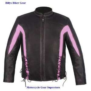  Womens Black & Pink Leather Motorcycle Jacket, Sidelaces 
