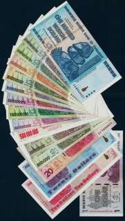 16 DIFFERENT ZIMBABWEAN BANK NOTE LOT INCLUDING 100 TRILLION  