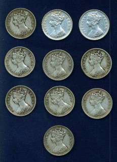 HONG KONG VICTORIA 1899 10 CENTS, LOT OF (10) COINS, VF to XF40 
