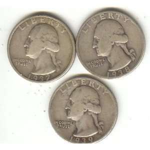  WASHINGTON QUARTERS SILVER, SET OF THREE, 1937 S, 1938 S 