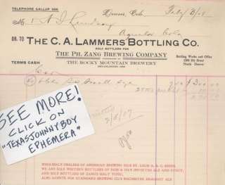 BILLHEAD 1908 PH ZANG BOTTLING BEER BREWERY COLORADO  