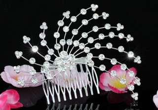 Wedding Flower Crystal Silver Plated Hair Comb T1342  