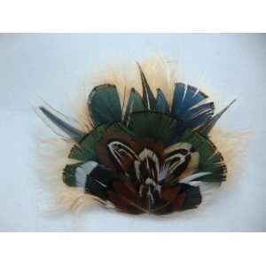  Green and Cream Feather Hair Barrette 