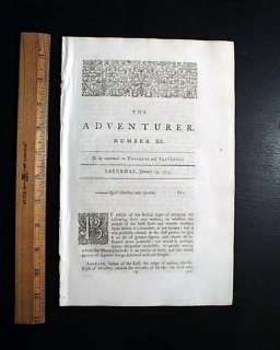   Century THE ADVENTURER John Hawkesworth Samuel Johnson 1753 Newspaper