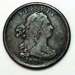 Cool Stem less Wreath 1806 P Draped Bust Half Cent   VF  