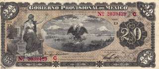 Mexico $ 20 Pesos Gobierno Provisional de Mexico 1914.  