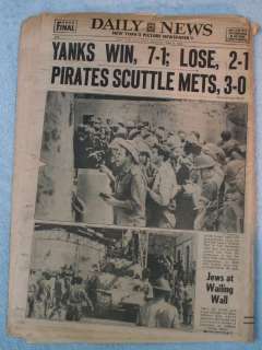   York Daily News Isue June 8, 1967 Israel Victory in 6 Day War  