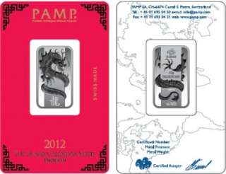 Pamp Suisse 10 Gram .999 Swiss Silver Bar in Assay Lunar Dragon 2012 