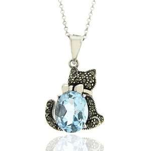    Sterling Silver Marcasite Genuine Blue Topaz Cat Pendant: Jewelry
