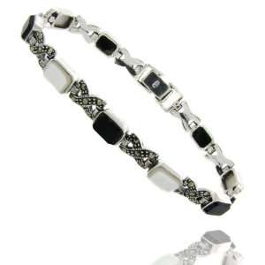   Sterling Silver Marcasite Mother of Pearl Black Onyx Bracelet: Jewelry