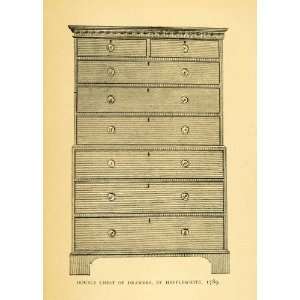 : 1897 Wood Engraving Hepplewhite Double Chest Drawer Dresser Wooden 