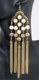 Long Vintage Golden White Pearl Ball Chains Hook Dangle Earrings 