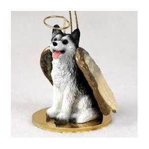 Siberian Husky Black and White with Brown Eyes Angel Ornament:  