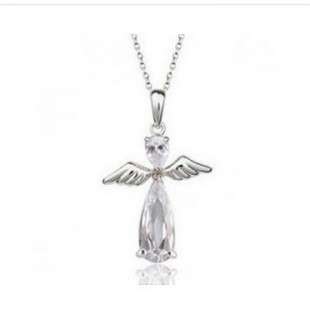 Womans Crystal Angel Wing Cross Platinum Plated Pendant Necklace Free 