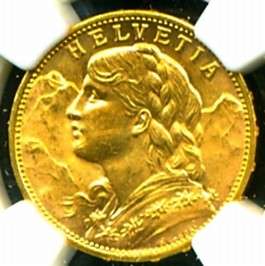 1914 B SWITZERLAND GOLD COIN 20 FRANCS * NGC CERTIF GENUINE GRADED MS 