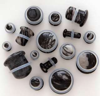 Pair 2g 6mm Black & White Marble Stone Plugs P1076  