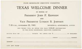 Dinner Ticket John F. Kennedy Assassination Night  