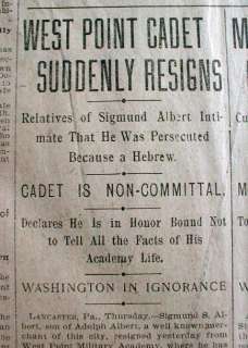 1899 newspaper JEWISH West Point Cadet RESIGNS SCHOOL dueTo 