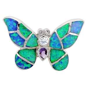 Sterling Silver Butterfly Pendant, Inlaid with Lab Opal & CZ stones, 1 