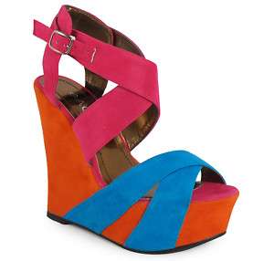 NEW LADIES WOMENS ORANGE BLUE PINK WEDGE SHOES SIZE 3 8  