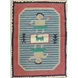  Crewel Rug Prairie Gals Blue on Red Chain Stitched Wool 