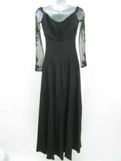 REEM ACRA Black Sequin Sleeved Evening Gown Dress Sz 10  