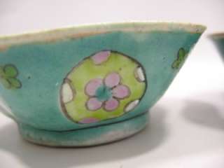 Antique Small Chinese Nyonya Bowl Green Pottery Lobbed Hexagon Rice 