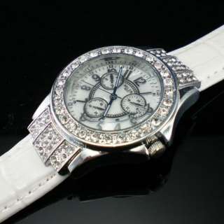   Leather Lady Women Bling Gemstone Wrist Watch   