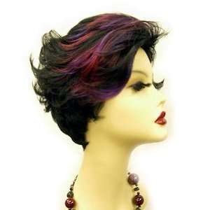  Short Wavy Wig w/highlights Red Fuschia Black Mix Color 