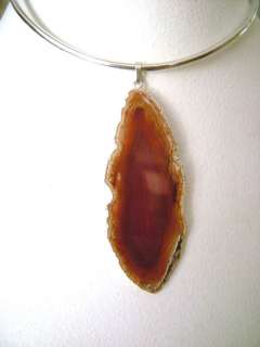 Natural Agate Geode Silver Dip Oval Pendant Rust 3 1/2  