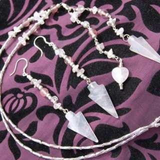 Rose Quartz Crystal Arrowhead Pendulum Necklace Combo & Earrings Set 