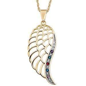  14K Gold Family Birthstone Angel Wing Pendant with Diamond 