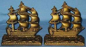 SAILING SHIP VICTORY BOOKENDS PLATED IRON GOLD FINISH INSCRIBED Z 