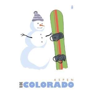  Aspen, Colorado, Snowman with Snowboard Giclee Poster 