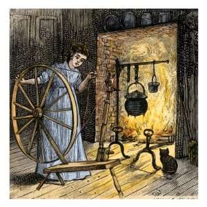  Pioneer Woman at Her Spinning Wheel by the Fireside 