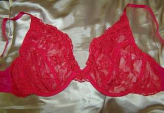 Lipstick RED Embroidered Sheer FloraL Underwire Plus Bra 38C  