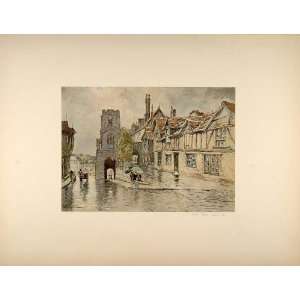  1892 Lithograph Warwick West Gate Chapel St. James Rain 
