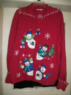 Womens Size L Ugly Christmas Cardigan Sweater Full Zip Snowmen 