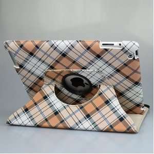Ctech 360 Degrees Rotating Stand Brown/White Plaid PU Leather Case for 