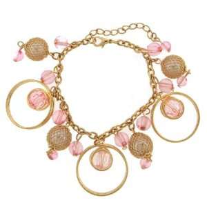  Gold Tone Pink Bead Charm Bracelet Jewelry