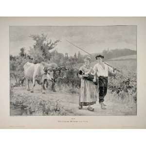 1895 Farmer Farm Family Oxen Field German Engraving 