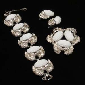 Schiaparelli Set Bracelet Brooch Pin Earrings White Melon Cut Stones