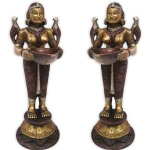 Goddess Deep Laxmi Set of 2 Brass Sculpture Handmade Indian Home Decor 