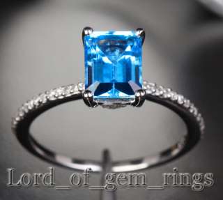 Emerald Cut BLUE TOPAZ & DIAMOND 2.12ct  Real 14K White GOLD Pave 
