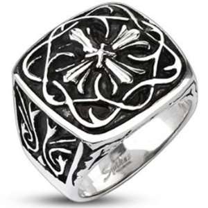   Spikes Mens Stainless Steel 24mm Ornamental Cross Plate Wide Cast Ring
