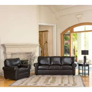  London Top Grain Leather Sofa and Chair Set in Dark Brown 
