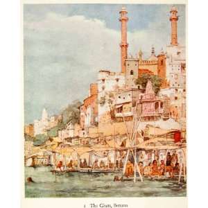  1938 Color Print Ghats Benaras India Varanasi Embankment 